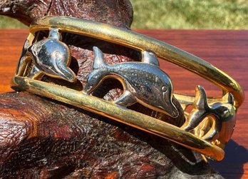 Lot 416LC- Dolphin Hinged Bangle Bracelet - Costume Silver Vintage - Nautical Estate Jewelry