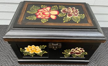 Lot 213- Vintage Black Floral Painted Chest Box -  As Is (Missing Handle)