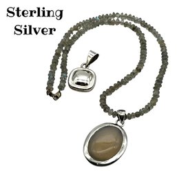 Lot 20WW- Sterling Silver Beaded Necklace With Moonstone & Square Pendant - Inc 2 Pendants!