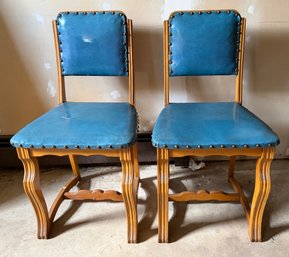 Lot 332 - Mid Century French Country-style Mutton Leg Side Chairs - Aqua Pleather Upholstery - Nailhead Trim