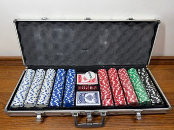 Lot 447-  Travel Poker Set - Complete Set With Poker Chips, Cards, Dice All In Metal Case With Handle