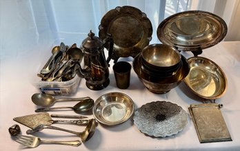 Lot 227 - Very Large 100 Piece Silver Plate Lot - Bowls - Plates - Trays - Flatware - Tea Pot