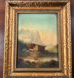 Lot 17- 19th Century Landscape Oil Painting Rustic Wooden Cabin On A River - Antique Gold Frame