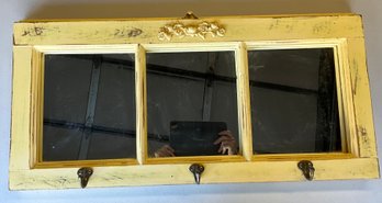 Lot 21- Mirror Made From Window Frame - Wood - Painted Yellow With Coat Hooks