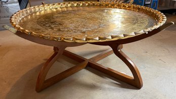 Lot 345 - Beautiful In Its Day - Moroccan Brass Tray Teak Base Coffee Table - Heavy Patina