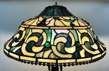 Lot 402 - Stained Glass Lamp Shade With Beautiful Colors Of Green, Blue & Tan In Great Condition