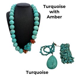 Lot 413CN - Wow! Turquoise Balls With Amber Necklace - Chunky Bracelet - Necklace With Pendant - 3