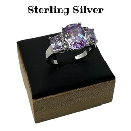 Lot 23DD- Sterling Silver With Purple Crystal Stone And CZ Ring Size 7 3/4-8