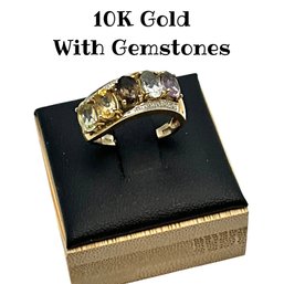 Lot 44DD- 10K Gold Topaz-citrine-aquamarine-diamonds-amethyst - Tested - Ring Size 7