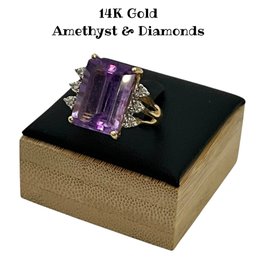 Lot 50DD- 14K Gold With Emerald Cut Amethyst & Diamonds- Tested- Ring Size 6 - Weight In Photos