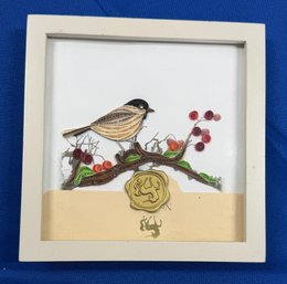 Lot 357 - Niquea.D Black-Capped Chickadee Paper Quilling Bird - Berries & Unicorn Greeting Card Framed
