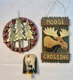 Lot 255 - Cabin Decorations - Moose Crossing Sign - Moose Night Light - Tree & Bells