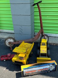 Lot 56CC- Well Loved! 1930s Red Scooter - Tonka Jeep Pick Up Trucks Loader - 1999 Mobil Tanker In Box-