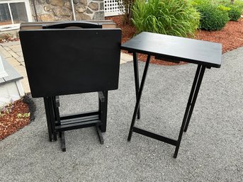 Lot 37- Black Solid Wood Tray Tables With Stand - 4