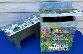 Lot 409 - Country Farmhouse Folk Art Wall Mount Wood Mailbox & Bench Painted By Anna Igo