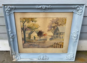 Lot 47- Beautiful! Original Watercolor Painting With Antique Wood Frame Painted Blue - Chippy AS-IS