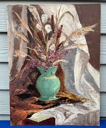 Lot 49- MCM Mid Century Original Art Unsigned Still Life Green Ceramic Vase Or With Floral Arrangement