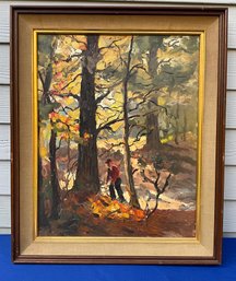 Lot 51- Original Oil Painting - Art - Autumn In The Woods Scene - Man In Forest - Unsigned - Nicely Framed