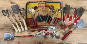 Lot 9- 1930-40s Barbara Anne Kitchen Set - Childs Wood Handle Utensils - Play Toys - Vintage Decor