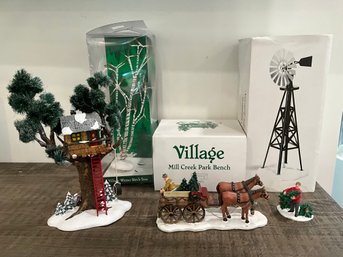 Lot 53- Christmas In July! Department 56- Village Windmill - Creek Park Bench- Tree House- Birch Tree - Decor