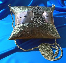 Lot 300LC - 1930s Asian Embossed Copper & Brass Pillow Purse - Velvet Lined - Victorian Revival Wallet