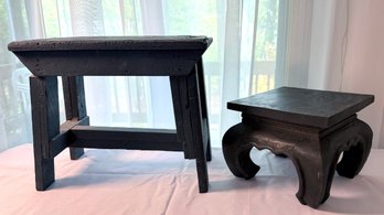 Lot 393 - Heavy Rustic Hand Hewn Square Bench & Small Asian Style Plant Stand - Chinese Farmhouse