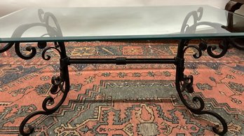 Lot 11- REALLY NICE! Black Iron Scrolled Base Coffee Table With Thick Beveled Glass Top 42x24