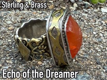 Lot 312SL - Tribal Ethnic Echo Of The Dreamer Ring Sterling & Brass Artisan Carnelian Stone Size 7.5