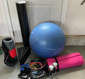 Lot 80- Fitness Supplies- 5 Lb Weights- Yoga Mat- Brookstone Foam Massager- Bodylastics - Ball