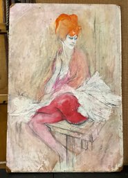 Lot 101- Signed Original Figurative Painting - Expressionism Red-Haired Woman In Pink With White Feather Boa