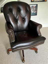 Lot 87- Hooker Furniture Tufted Brown Leather Executive Swivel Office Chair- Nailhead Trim- Mahogany Base