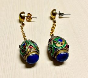 Lot 338LC - Antique Lapis Lazuli Russian Enamel Drop Egg Gripoix Pierced Earrings