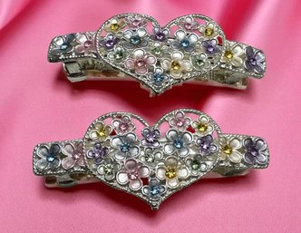 Lot 341LC - Pair Of Costume Heart Barrettes With Tiny Rhinestones - Pretty Hair Jewelry