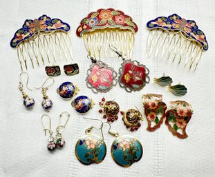 Lot 342LC - Large Cloissone Collection - Vintage 1980s Estate Enamel Jewelry - Earrings - Pins - Hair Combs