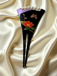 Lot 343LC - Large Mid Century Elegant Japanese Hair Comb - Faux Pearl Accent - Asian Flower And Butterfly