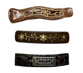 Lot 352LC - 3 Vintage Barrettes - Leather - Inlaid Wood - Large Wavy Hair Clip