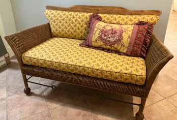 Lot 30- English Country Style Vintage Handwoven Wicker & Rattan Loveseat - Custom Cushion - Cottage - Coastal