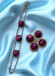 Lot 371LC - Dark Purple Cabochon Agate - Vintage Mystical Bracelet & Brooch Pin Jewelry Set