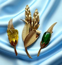 Lot 372LC - Three Costume Gold Pins - Two With Yellow And Green Stones - Leafs - Wheat - Autumn - Fall