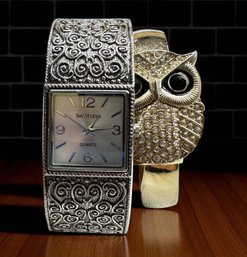 Lot 375LC - Two Watches - Peck & Peck Owl With Crystals Watch - Quartz - Bay Studio Silver Chunky Statement