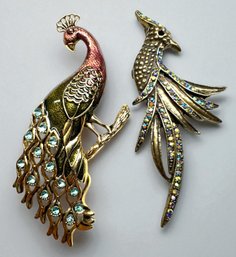 Lot 376LC - Two Vintage Exotic Birds Peacock - Pheasant Brooches / Pendant - Colorful Rhinestones 1 Enamel Pin