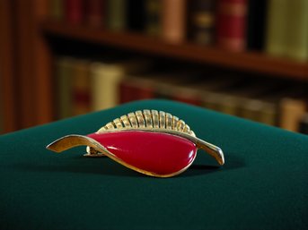 Lot 404LC - Vintage Brooch - Red Enamel And Gold Tone Leaf Pin