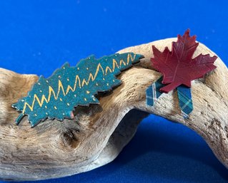 Lot 405LC - 2 Whimsical Pins Of Winter Season Maple Red Leather With Plaid Ribbon & Green Leaf