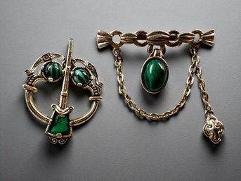 Lot 377LC - Two Victorian Scottish - Green Malachite Kilt Pins - Celtic Sword - Bar - Silver Tone