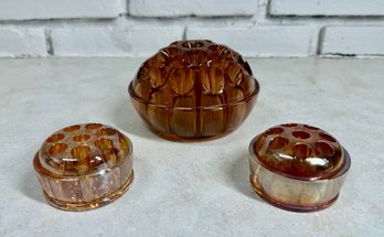 Lot 224 - Depression Glass - Three Amber 2 Are Iridescent Glass Flower Frogs - Vintage Floral Arrangers