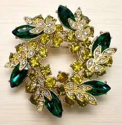 Lot 378LC - Stunning Wreath Brooch - Green - Yellow - Clear Crystals- Very Sparkly! Vintage Estate Jewelry