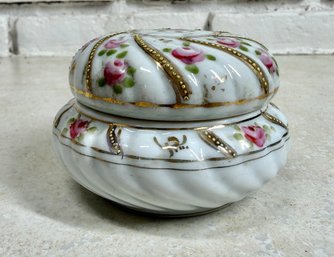 Lot 228 - Hand Painted Nippon Signed Covered Ceramic Trinket Dish Box With Gold Rim - Pink Floral Design