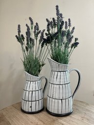 Lot 420 - OME Ceramic Water Jugs Black & White Textured Filler - Lavender Artificial Flowers Set Of 2