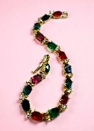 Lot 601LC - Colorful Vintage Rhinestone Gold Tone Bracelet - Red - Green - Aqua - Black