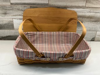 Lot 427 - Longaberger Signed Handmade Basket Wood Cover - Red, Blue, Green & White Fabric Cover - 2 Handles